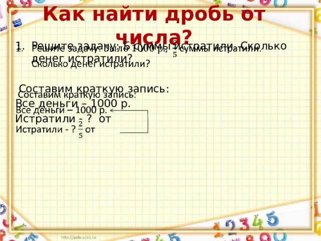 Как найти дробь от числа? Решите задачу: Б суммы истратили. Сколько денег истратили?    Составим краткую запись: Все деньги – 1000 р. Истратили - ? от 