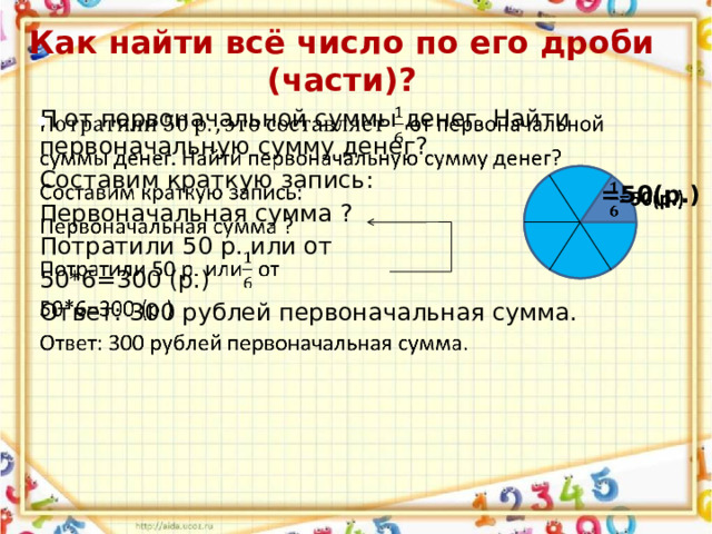 Как найти всё число по его дроби (части)?   П от первоначальной суммы денег. Найти первоначальную сумму денег? Составим краткую запись: Первоначальная сумма ? Потратили 50 р. или от 50*6=300 (р.) Ответ: 300 рублей первоначальная сумма. =50(р.)   
