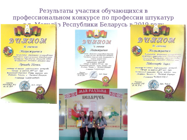 Результаты участия обучающихся в профессиональном конкурсе по профессии штукатур в г. Могилёв Республики Беларусь в 2019 году 