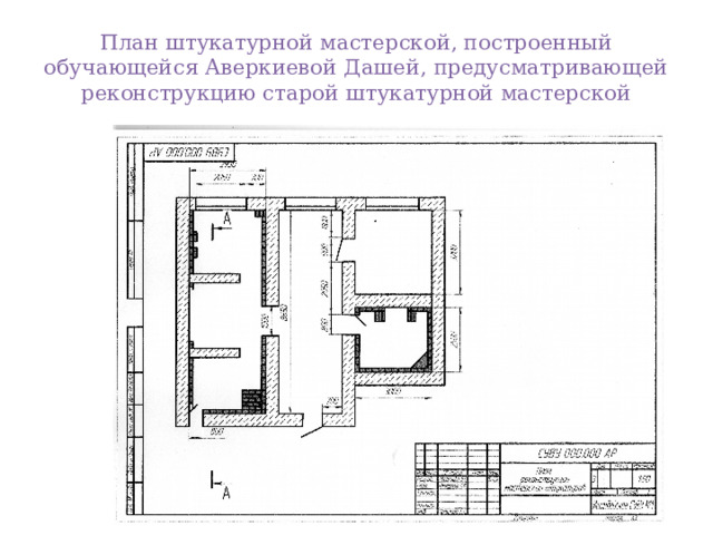 План штукатурной мастерской, построенный обучающейся Аверкиевой Дашей, предусматривающей реконструкцию старой штукатурной мастерской 