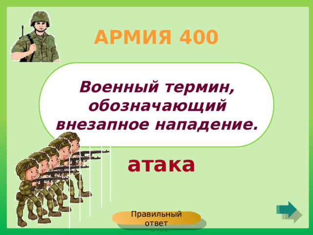 АРМИЯ 400 Военный термин, обозначающий внезапное нападение. атака Правильный ответ 