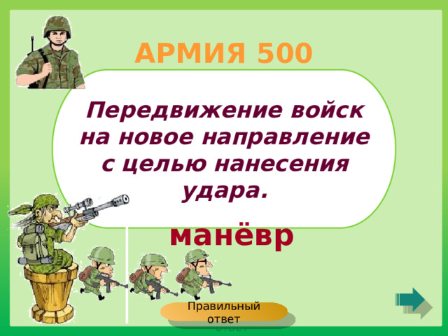 АРМИЯ 500 Передвижение войск на новое направление с целью нанесения удара. манёвр Правильный ответ 