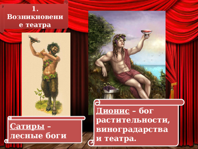 1. Возникновение театра Дионис – бог растительности, виноградарства и театра. Сатиры – лесные боги 