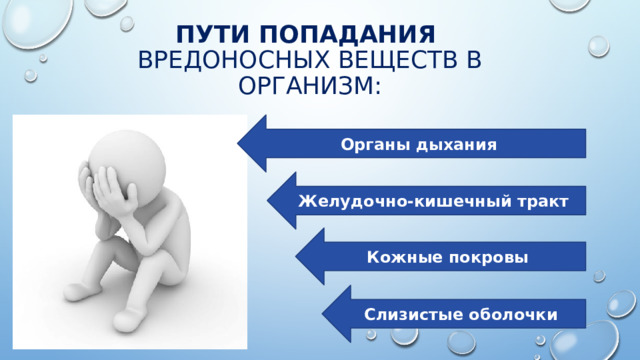 Пути попадания  вредоносных веществ в организм: Органы дыхания Желудочно-кишечный тракт Кожные покровы Слизистые оболочки 