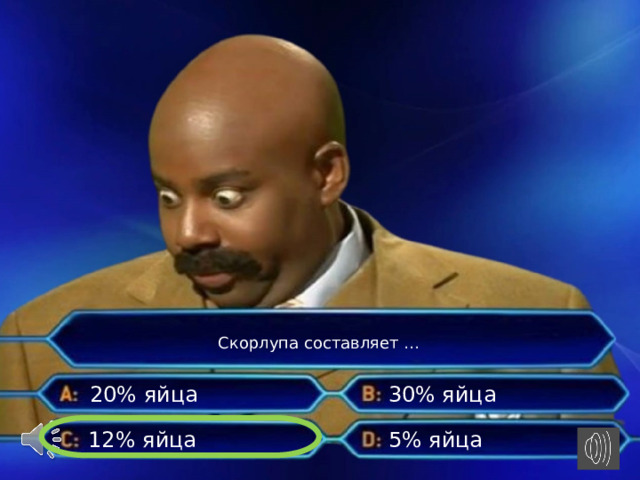  Скорлупа составляет … 20% яйца 30% яйца 5% яйца 12% яйца 