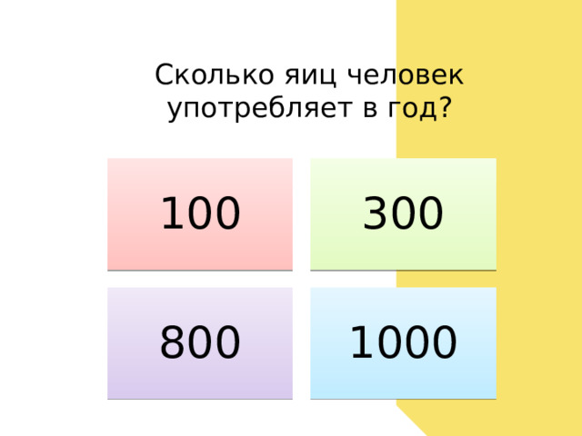 Сколько яиц человек употребляет в год? 100 300 800 1000 