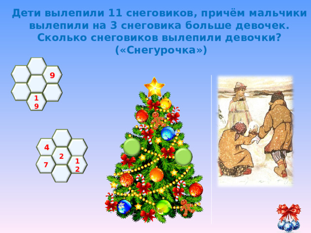 Дети вылепили 11 снеговиков, причём мальчики вылепили на 3 снеговика больше девочек. Сколько снеговиков вылепили девочки?  («Снегурочка»)    9     19   4  2 7 12   