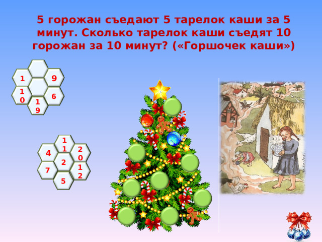 5 горожан съедают 5 тарелок каши за 5 минут. Сколько тарелок каши съедят 10 горожан за 10 минут? («Горшочек каши»)   9 1   10 6 19 11  4 20 2 7 12 5 