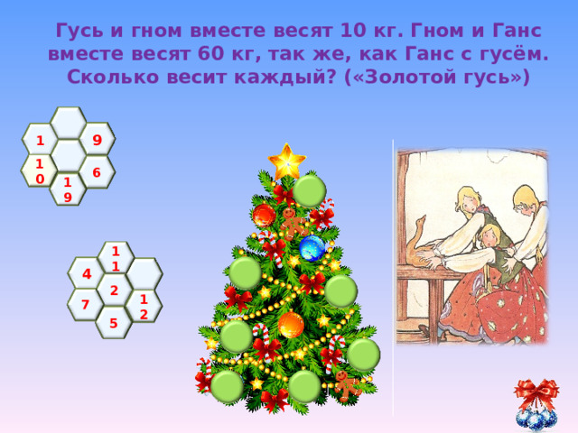 Гусь и гном вместе весят 10 кг. Гном и Ганс вместе весят 60 кг, так же, как Ганс с гусём. Сколько весит каждый? («Золотой гусь»)   9 1   10 6 19 11 4  2 7 12  5 
