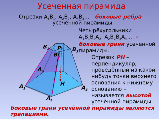 Усеченная пирамида  Отрезки А 1 В 1 , А 2 В 2 , А 3 В 3 … - боковые ребра  усечённой пирамиды Четырёхугольники А 1 В 1 В 2 А 2 , А 2 В 2 В 3 А 3 … - боковые грани усечённой пирамиды. В 1 Р В 3 В 2 Отрезок РН – перпендикуляр, проведённый из какой-нибудь точки верхнего основания к нижнему основанию – называется высотой усечённой пирамиды. А n Н А 1 А 3 А 2 боковые грани усечённой пирамиды являются трапециями . 