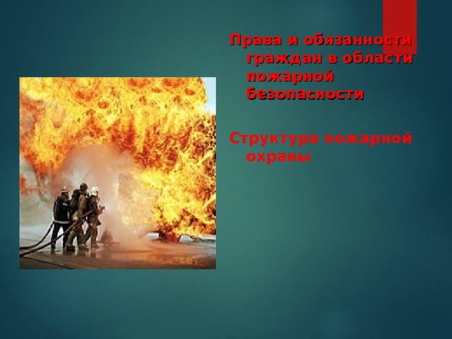 Права и обязанности граждан в области пожарной безопасности  Структура пожарной охраны     