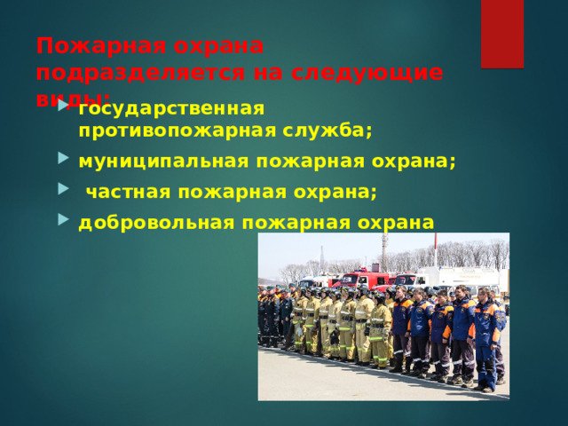 Пожарная охрана подразделяется на следующие виды: государственная противопожарная служба; муниципальная пожарная охрана;  частная пожарная охрана; добровольная пожарная охрана 