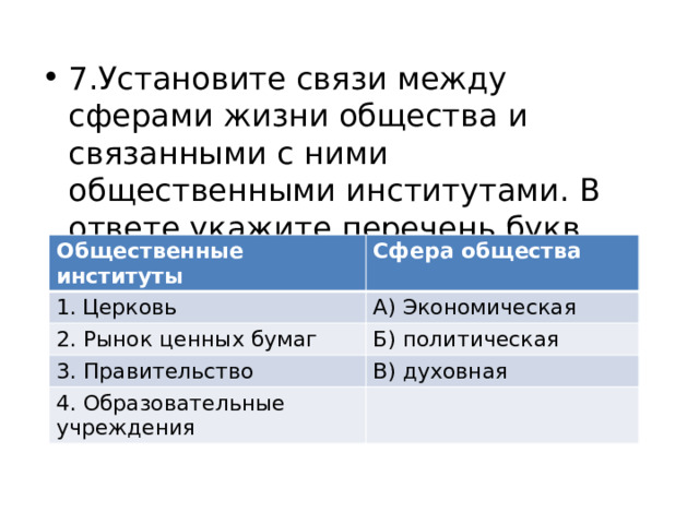 7.Установите связи между сферами жизни общества и связанными с ними общественными институтами. В ответе укажите перечень букв Общественные институты Церковь Сфера общества 2. Рынок ценных бумаг А) Экономическая Б) политическая 3. Правительство 4. Образовательные учреждения В) духовная 