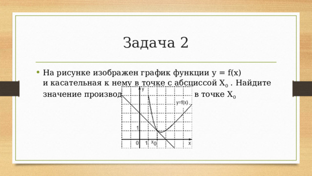 Задача 2 На рисунке изображен график функции y = f(x) и касательная к нему в точке с абсциссой X 0  . Найдите значение производной функции f(x) в точке X 0   