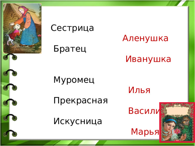 Сестрица  Аленушка  Братец  Иванушка   Муромец  Илья  Прекрасная  Василиса  Искусница  Марья 