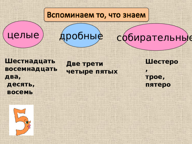 целые дробные собирательные Шестнадцать восемнадцать два,  десять,  восемь Шестеро, трое, пятеро Две трети четыре пятых   