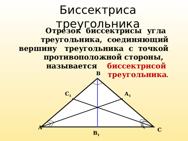 Биссектриса треугольника Отрезок биссектрисы угла треугольника, соединяющий вершину треугольника с точкой противоположной стороны, называется биссектрисой треугольника . В А 1 С 1 А С В 1 