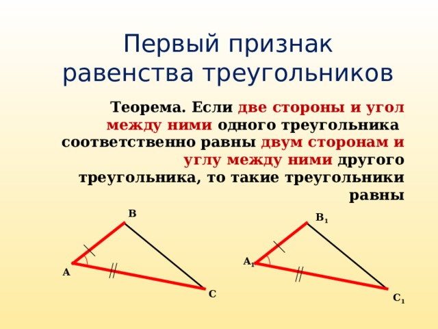 Первый признак равенства треугольников Теорема. Если две стороны и угол между ними одного треугольника соответственно равны двум сторонам и углу между ними другого треугольника, то такие треугольники равны В В 1 А 1 А С С 1 