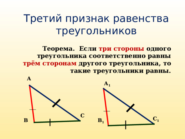 Третий признак равенства треугольников Теорема. Если три стороны одного треугольника соответственно равны трём сторонам другого треугольника, то такие треугольники равны. А А 1  С С 1 В В 1 