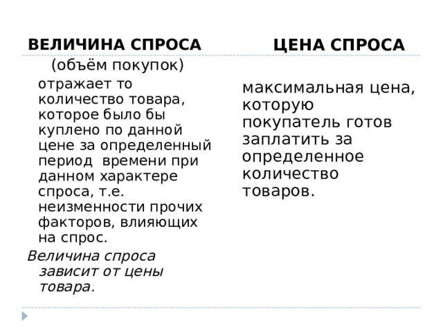 ВЕЛИЧИНА СПРОСА (объём покупок)  отражает то количество товара, которое было бы куплено по данной цене за определенный период времени при данном характере спроса, т.е. неизменности прочих факторов, влияющих на спрос. Величина спроса зависит от цены товара.    ЦЕНА СПРОСА   максимальная цена, которую покупатель готов заплатить за определенное количество товаров. 