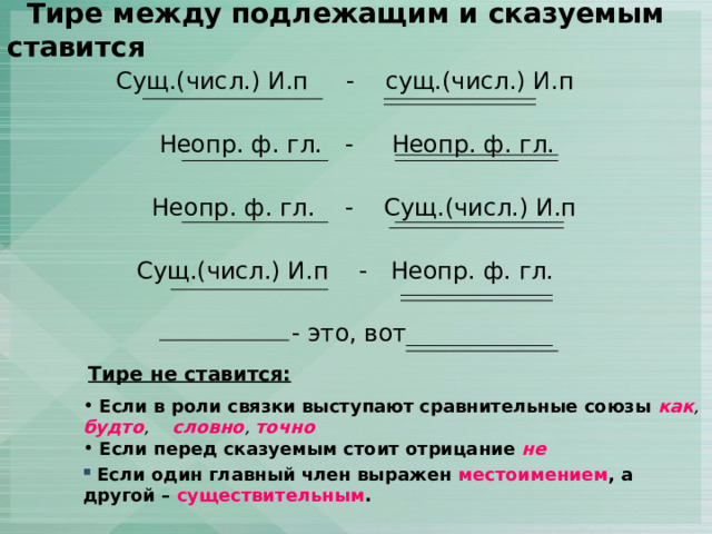  Тире между подлежащим и сказуемым ставится Сущ.(числ.) И.п - сущ.(числ.) И.п  Неопр. ф. гл. - Неопр. ф. гл.  Неопр. ф. гл. - Сущ.(числ.) И.п  Сущ.(числ.) И.п - Неопр. ф. гл.  - это, вот Тире не ставится:  Если в роли связки выступают сравнительные союзы  как , будто , словно , точно  Если перед сказуемым стоит отрицание  не  Если один главный член выражен местоимением , а другой – существительным .  