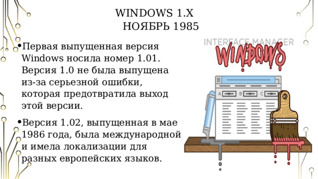 Windows 1.Х   Ноябрь 1985 Первая выпущенная версия Windows носила номер 1.01. Версия 1.0 не была выпущена из-за серьезной ошибки, которая предотвратила выход этой версии. Версия 1.02, выпущенная в мае 1986 года, была международной и имела локализации для разных европейских языков. 