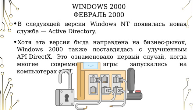 Windows 2000  Февраль 2000 В следующей версии Windows NT появилась новая служба — Active Directory. Хотя эта версия была направлена на бизнес-рынок, Windows 2000 также поставлялась с улучшенным API DirectX. Это ознаменовало первый случай, когда многие современные игры запускались на компьютерах с NT. 