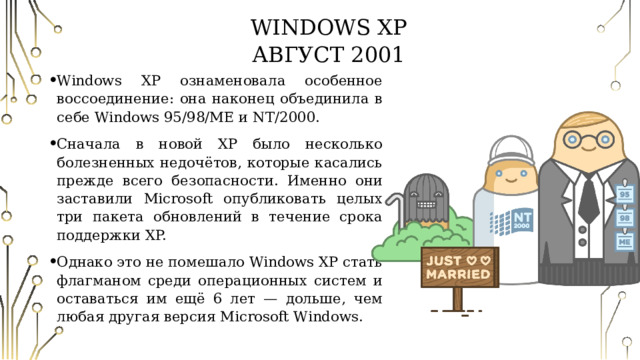 Windows XP  Август 2001 Windows XP ознаменовала особенное воссоединение: она наконец объединила в себе Windows 95/98/ME и NT/2000. Сначала в новой XP было несколько болезненных недочётов, которые касались прежде всего безопасности. Именно они заставили Microsoft опубликовать целых три пакета обновлений в течение срока поддержки XP. Однако это не помешало Windows XP стать флагманом среди операционных систем и оставаться им ещё 6 лет — дольше, чем любая другая версия Microsoft Windows. 