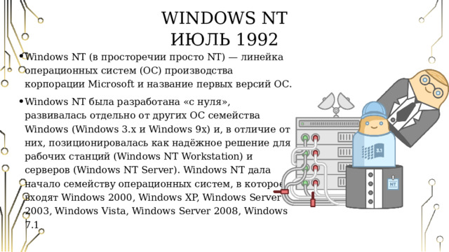 Windows NT  Июль 1992 Windows NT (в просторечии просто NT) — линейка операционных систем (ОС) производства корпорации Microsoft и название первых версий ОС. Windows NT была разработана «с нуля», развивалась отдельно от других ОС семейства Windows (Windows 3.x и Windows 9x) и, в отличие от них, позиционировалась как надёжное решение для рабочих станций (Windows NT Workstation) и серверов (Windows NT Server). Windows NT дала начало семейству операционных систем, в которое входят Windows 2000, Windows XP, Windows Server 2003, Windows Vista, Windows Server 2008, Windows 7.1 
