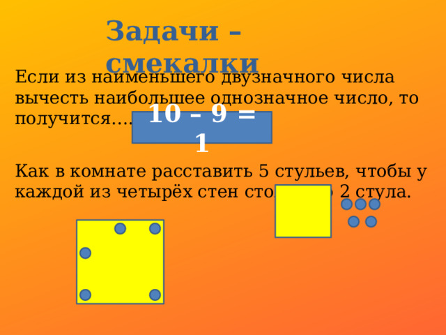 Расставьте вдоль стен четырехугольной комнаты 10 стульев так чтобы возле каждой стены было поровну