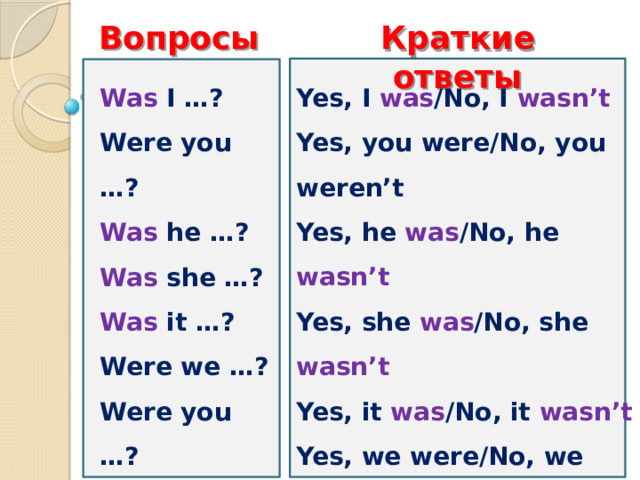 Вопросы Краткие ответы Was I …? Yes, I was /No, I wasn’t Yes, you were/No, you weren’t Were you …? Yes, he was /No, he wasn’t Was he …? Yes, she was /No, she wasn’t Was she …? Yes, it was /No, it wasn’t Was it …? Were we …? Yes, we were/No, we weren’t Were you …? Yes, you were/No, you weren’t Yes, they were/No, they weren’t Were they …? 