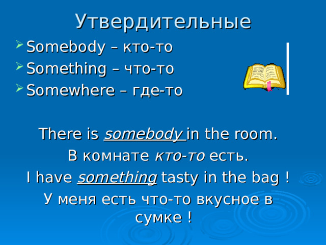 Утвердительные Somebody – кто-то Something – что-то Somewhere – где-то  There is somebody in the room. В комнате кто-то есть. I have something tasty in the bag ! У меня есть что-то вкусное в сумке ! 