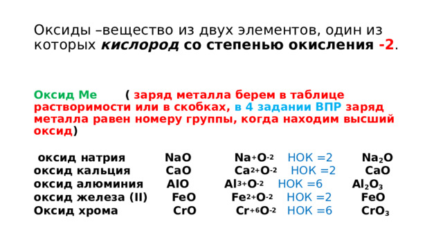 Оксиды –вещество из двух элементов, один из которых кислород со степенью окисления -2 . Оксид Ме ( заряд металла берем в таблице растворимости или в скобках, в 4 задании ВПР заряд металла равен номеру группы, когда находим высший оксид )   оксид натрия NaO Na + O -2 НОК =2 Na 2 O оксид кальция СаO Са 2+ O -2 НОК =2 СаO  оксид алюминия AIO Al 3+ O -2 НОК =6 Al 2 O 3 оксид железа (II) FeO Fe 2+ O -2 НОК =2 FeO Оксид хрома СrO Сr +6 O -2 НОК =6 СrO 3     