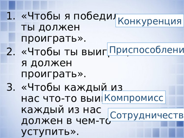 «Чтобы я победил, ты должен проиграть». «Чтобы ты выиграл, я должен проиграть». «Чтобы каждый из нас что-то выиграл, каждый из нас должен в чем-то уступить». «Чтобы выиграл я, ты должен тоже выиграть». Конкуренция Приспособление Компромисс Сотрудничество 