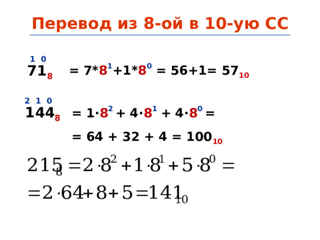 Перевод из 8-ой в 10-ую СС  1 0 71 8 = 7* 8 1 +1* 8 0 = 56+1= 57 10 2 1 0 144 8 = 1 · 8 2  +  4 · 8 1  +  4 · 8 0  = = 64 + 32 + 4 = 100 10  