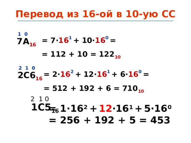 Перевод из 16-ой в 10-ую СС  1 0 = 7 · 16 1  +  10 · 16 0  = = 112 + 10 = 122 10 7А 16  2 1 0 = 2 · 16 2  +  12 · 16 1  +  6 · 16 0  = = 512 + 192 + 6 = 710 10 2С6 16 2  1 0  1 C5 16 = 1 ·16 2 +  12 ·16 1  +  5·16 0 = 256 + 192 + 5 = 453  