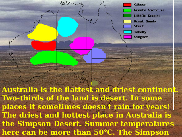 Australia is the flattest and driest continent. Two-thirds of the land is desert. In some places it sometimes doesn't rain for years! The driest and hottest place in Australia is the Simpson Desert. Summer temperatures here can be more than 50°C. The Simpson Desert is famous for its parallel sand dunes. 