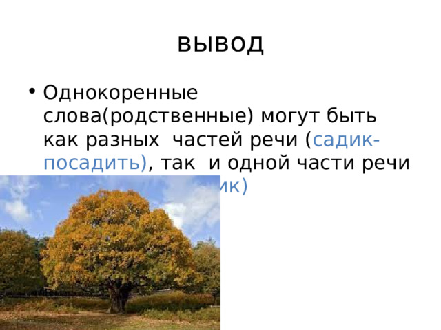 вывод Однокоренные слова(родственные) могут быть как разных частей речи ( садик-посадить) , так и одной части речи ( садовод-садовник) 