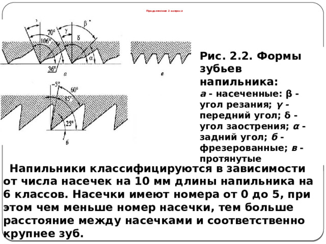 Продолжение 2 вопроса Рис. 2.2. Формы зубьев напильника: а - насеченные: β - угол резания; γ - передний угол; δ - угол заострения; α -задний угол; б - фрезеро­ванные; в - протянутые Напильники классифицируются в зависимости от числа насечек на 10 мм длины напильника на 6 классов. Насечки имеют номера от 0 до 5, при этом чем меньше номер насечки, тем больше расстояние между насечками и соответственно крупнее зуб.  