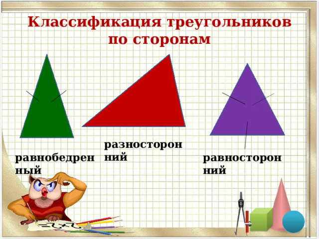 Классификация треугольников по сторонам разносторонний равнобедренный равносторонний 