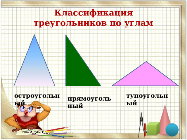 Классификация  треугольников по углам остроугольный тупоугольный прямоугольный 