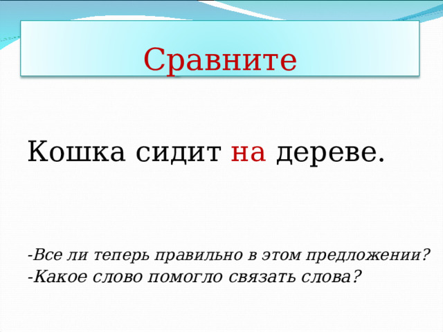 Сравните Кошка сидит на дереве. -Все ли теперь правильно в этом предложении? -Какое слово помогло связать слова? 