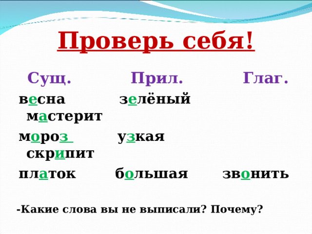 Проверь себя!  Сущ. Прил. Глаг. в е сна з е лёный м а стерит м о ро з у з кая скр и пит пл а ток б о льшая зв о нить   -Какие слова вы не выписали? Почему? 