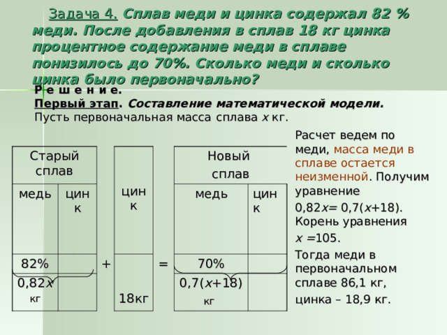 Задача 4.  Сплав меди и цинка содержал 82 % меди. После добавления в сплав 18 кг цинка процентное содержание меди в сплаве понизилось до 70%. Сколько меди и сколько цинка было первоначально? Р е ш е н и е. Первый этап . Составление математической модели.  Пусть первоначальная масса  сплава х кг. Расчет ведем по меди, масса меди в сплаве остается неизменной . Получим уравнение 0,82 х= 0,7( х +18). Корень уравнения х = 105. Тогда меди в первоначальном сплаве 86,1 кг, цинка – 18,9 кг. Старый сплав медь цинк 82% цинк 0,82 х кг +  х кг Новый сплав 18кг медь = цинк 70% 0,7( х +18) кг   ( х +18) кг 