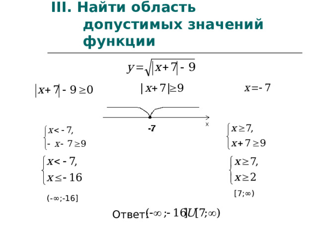 III. Найти область допустимых значений функции [7 ;∞) (- ∞ ;-16]  Ответ:  