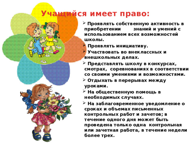 Учащийся имеет право:      Проявлять собственную активность в приобретении знаний и умений с использованием всех возможностей школы.  Проявлять инициативу.  Участвовать во внеклассных и внешкольных делах.  Представлять школу в конкурсах, смотрах, соревнованиях в соответствии со своими умениями и возможностями.  Отдыхать в перерывах между уроками.  На общественную помощь в необходимых случаях.  На заблаговременное уведомление о сроках и объемах письменных контрольных работ и зачетов; в течение одного дня может быть проведена только одна контрольная или зачетная работа, в течение недели более трех.  