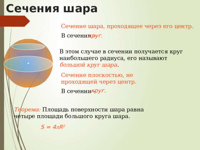 Площадь поверхности конуса Для вывода формулы площади полной поверхности конуса потребуется его развертка. Полная поверхность состоит из основания и боковой поверхности. Площадь основания находим как площадь круга l l S =  R 2 R – радиус основания цилиндра 2  R Боковая поверхность конуса есть … R R сектор. Площадь боковой поверхности вычисляется как площадь сектора радиус которого равен длине образующей конуса ( l ), а дуга равна длине окружности основания ( 2  R ).  Площадь боковой поверхности конуса равна произведению радиуса на образующую и число  . Получаем, S полн = S бок + S осн =   Rl +  R 2  S полн =  R(l + R) Подробнее о площади сектора  