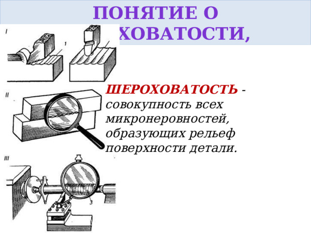 Понятие о шероховатости, Шероховатость -совокупность всех микронеровностей, образующих рельеф поверхности детали. 