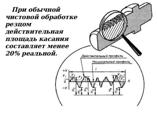  При обычной чистовой обработке резцом действительная площадь касания составляет менее 20% реальной. 