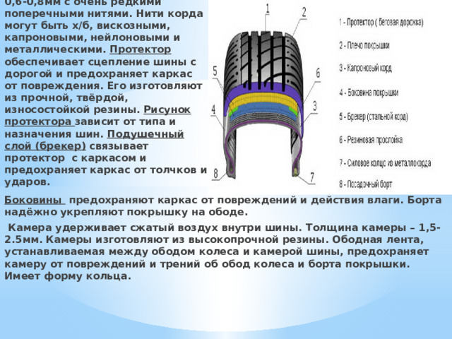 Корд представляет собой специальную ткань, состоящую из продольных нитей диаметром 0,6-0,8мм с очень редкими поперечными нитями. Нити корда могут быть х/б, вискозными, капроновыми, нейлоновыми и металлическими. Протектор обеспечивает сцепление шины с дорогой и предохраняет каркас от повреждения. Его изготовляют из прочной, твёрдой, износостойкой резины. Рисунок протектора зависит от типа и назначения шин. Подушечный слой (брекер) связывает протектор с каркасом и предохраняет каркас от толчков и ударов.   Боковины предохраняют каркас от повреждений и действия влаги. Борта надёжно укрепляют покрышку на ободе.  Камера удерживает сжатый воздух внутри шины. Толщина камеры – 1,5-2.5мм. Камеры изготовляют из высокопрочной резины. Ободная лента, устанавливаемая между ободом колеса и камерой шины, предохраняет камеру от повреждений и трений об обод колеса и борта покрышки. Имеет форму кольца. 